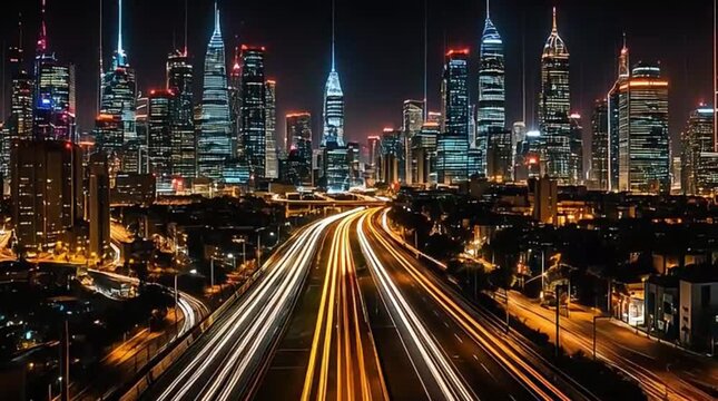 Stunning long exposure captures a modern city skyline at night with vibrant light trails from moving traffic on a busy highway, showcasing urban dynamism and progress.