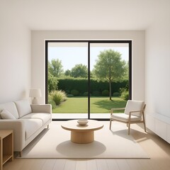 Modern Minimal Living Room Interior with Large Window and Natural Light