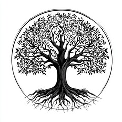 Fototapeta premium Elegant circular tree of life design with stylized botanical elements and intricate root structure presented in a sleek monochrome aesthetic for contemporary graphic artwork merchandise
