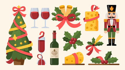 Christmas Holiday Elements Collection with Wine, Gifts, and Decorations