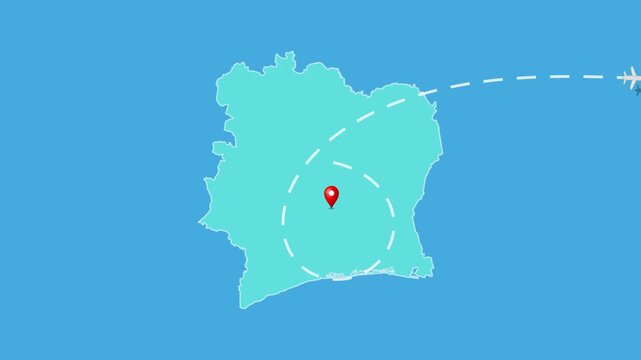 Ivory Coast,  Yamoussoukro Map with Location Pin and Airplane Travel Route Animation