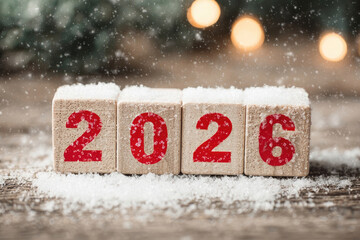 wooden number 2026 on Christmas festive snowy background