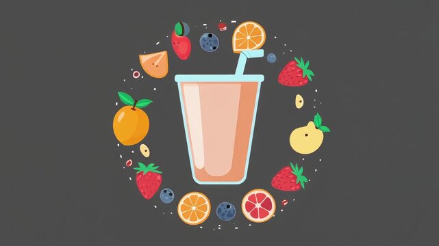 Pastel fruit punch glass appearing with orbit icons of various fruits. Cute 2D vector animation for soft drink or juice advertisements.