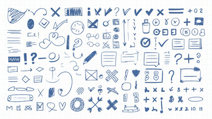 Hand-drawn icons and symbols on graph paper background, blue ink illustrations
