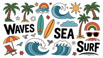 Beach and Surf Elements with Colorful Illustrations of Waves, Sea, and Surfing