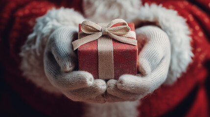 Santa Claus Hands Holding a Festive Red Christmas Gift Box
