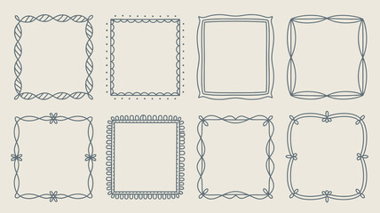 Set of 8 elegant blank decorative frames with intricate line designs for photo or text, isolated on beige background.