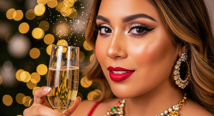 Glamorous young woman with sparkling makeup and jewelry toasting with champagne in a festive holiday setting.