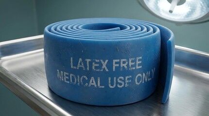 A roll of latex-free medical band lies on stainless steel tray under surgical light, showcasing critical importance of patient safety and sterility in the operating room.