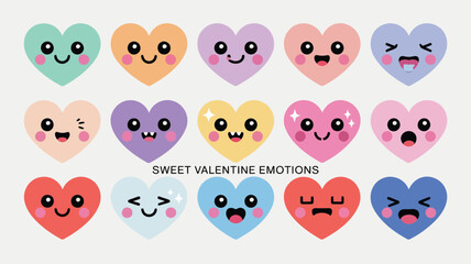 Fototapeta premium Colorful heart emojis with various cute expressions arranged in a grid for valentine's day, sweet emotions depicted in minimalistic vector