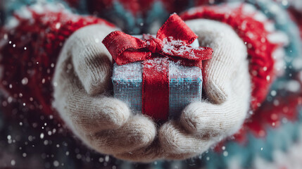 Cozy hands in knitted gloves holding a snowy gift box with red ribbon