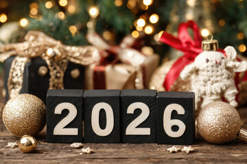 number 2026 on Christmas shiny festive background with fir tree and garland lights bokeh