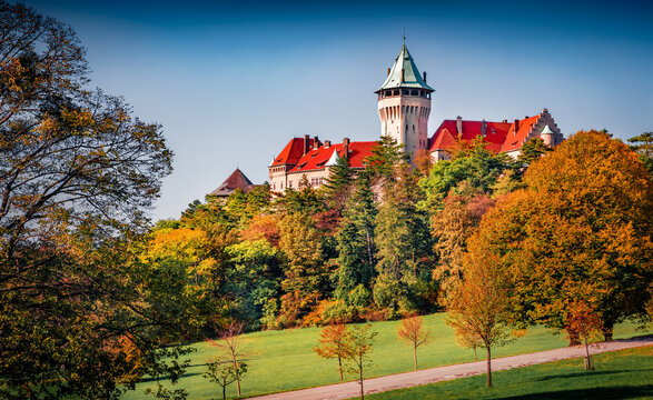 Stunning morning view of Smolenicky castle. Splendid autumn cityscape of Smolenice village, municipality of Trnava District, Slovakia, Europe. Traveling concept background.