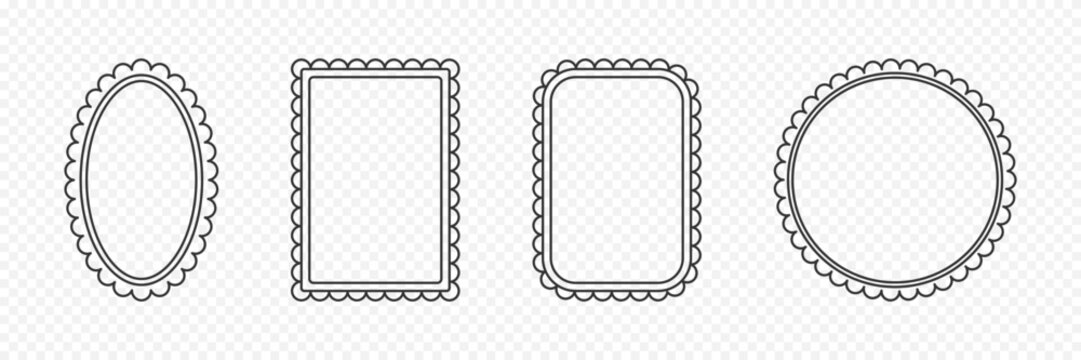 Retro packaging label border set. Line art scallop ellipse rectangle circle frame set. Cute labels design for branding. Vector template for invitation, wedding, handmade product package