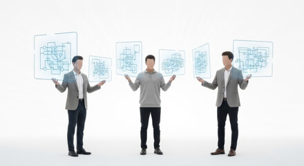 Fototapeta premium Three Men Interacting with Floating Digital Schematics in Futuristic Space