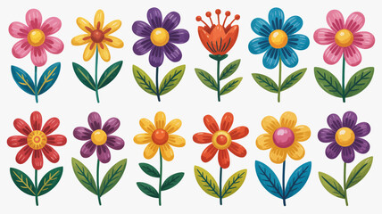 Colorful Cartoon Flowers on White Background, Floral Illustrations