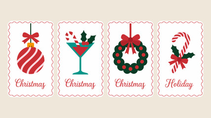 Christmas Holiday Icons Set with Ornaments, Wreath, and Candy Cane