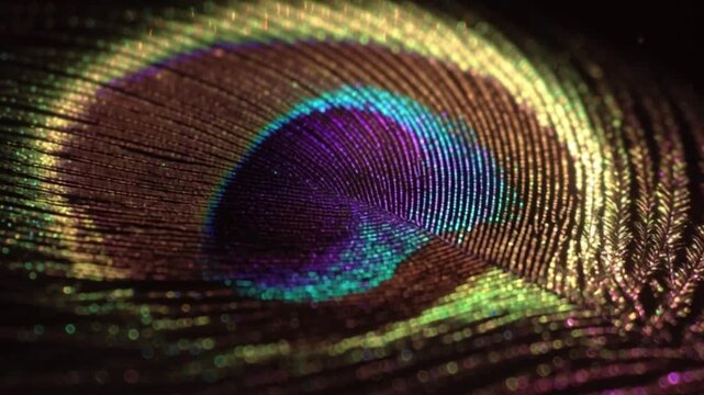 Close up peacock feather footage showing vibrant iridescent eye pattern with shimmering green blue gold textures, macro detail, natural elegance, artistic background, luxury nature visual