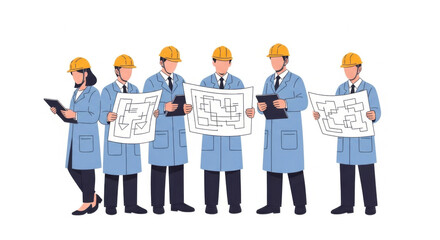 Obraz premium Team of Engineers in Hard Hats Reviewing Blueprints in Office