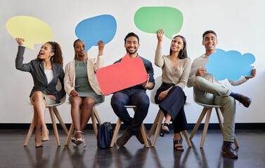 Recruitment, waiting and happy business people with speech bubble for job interview, meeting or...