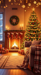 Cozy Christmas living room with decorated tree, fireplace, gifts, and wreath, conveying warmth and holiday spirit.