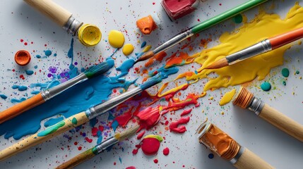 Close-up of paintbrushes atop white, splattered with vibrant hues. Jars of paint and open caps complete the creative scene