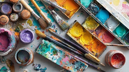 Overhead shot of an artist's workspace with spilled paint, brushes, and palettes, creating a vibrant, colorful, creative scene