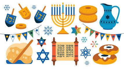 Hanukkah celebration symbols and objects, Jewish holiday elements