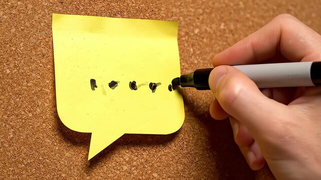 Hand Writes on Yellow Speech Bubble Sticky Note With Black Marker