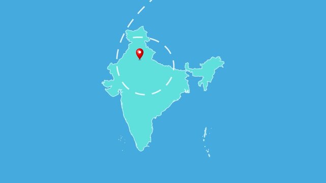India,  New Delhi Map with Location Pin and Airplane Travel Route Animation