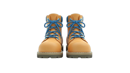 Pair of Yellow Boots with Blue Laces Isolated on White