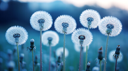 Obraz premium Closeup of fluffy dandelion seed heads against a soft blue, outoffocus background