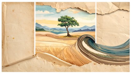 Watercolor landscape revealed through torn paper, featuring a tree, fields, mountains, and water