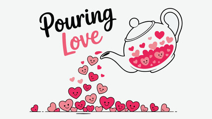 A white teapot pours out tiny happy hearts, symbolizing love and affection in a whimsical and romantic illustration