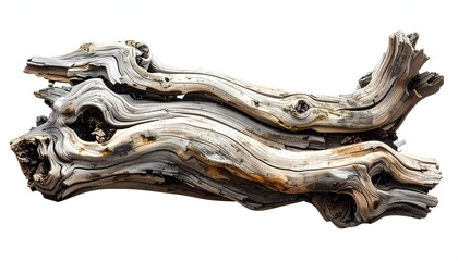 Weathered driftwood piece against white. Twisted, textured, aged wood detail