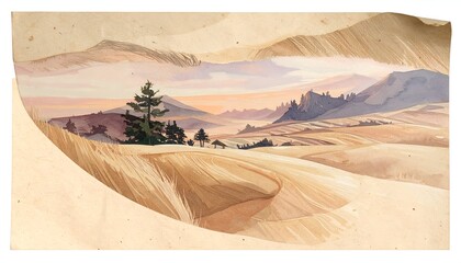 Watercolor painting depicting a wheat field, mountains, and sunset through a framed arch