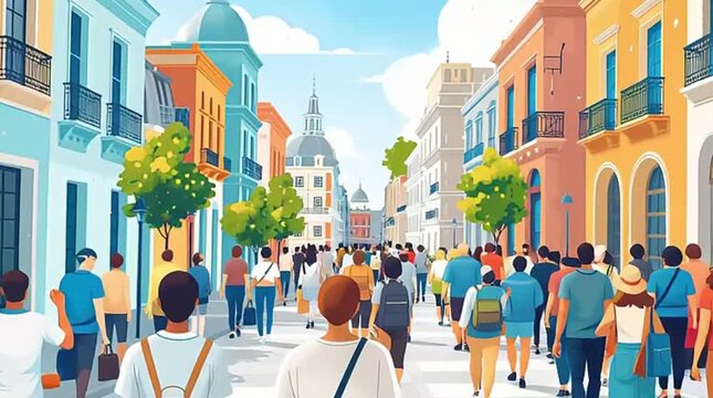 A vibrant vector illustration depicts a diverse group of people walking and exploring a lively, colorful city street with charming European-style architecture under a bright sky.