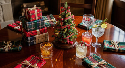 Festive Christmas setting with gifts, drinks, and miniature tree on a wooden table, depicting holiday cheer and cozy celebration.