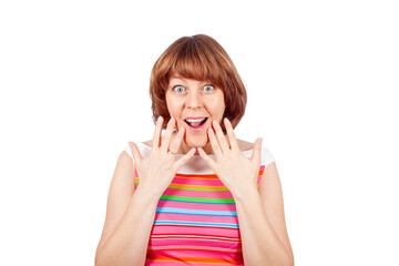 Shocked and surprised woman with wide eyes and expressive gestures on white background