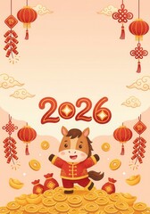 Cute Cartoon Horse Celebrating Chinese New Year 2026 with Traditional Decorations and Gold Coins.