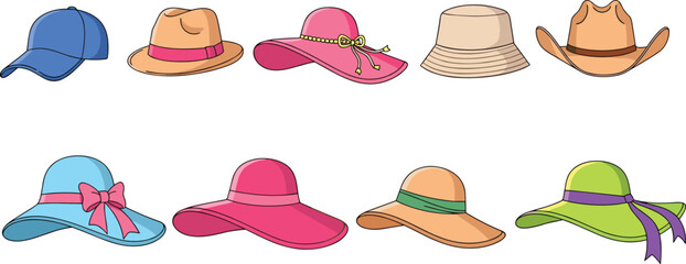 Cartoon collection of stylish hats including cowboy, bucket, fedora, and wide-brimmed designs for fashion, kids, and accessory illustrations