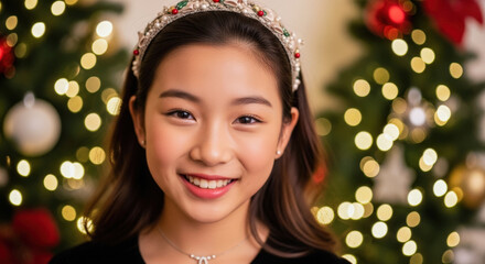 Smiling Asian girl wearing a festive jeweled headband, posing in front of a decorated Christmas tree, conveying joy and holiday spirit.