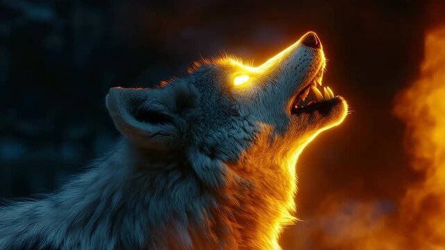 Massive glowing wolf howling into the night under a starry sky, surrounded by trees and foliage
