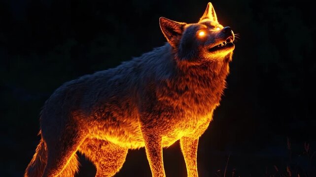Massive glowing wolf howling into the night under a starry sky, surrounded by trees and foliage