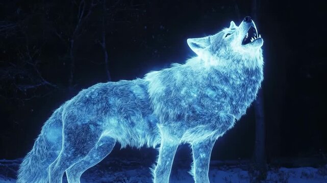 Massive glowing wolf howling into the night under a starry sky, surrounded by trees and foliage