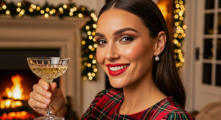 Smiling young woman in plaid sweater toasting with champagne near a warm fireplace, celebrating a cozy holiday season