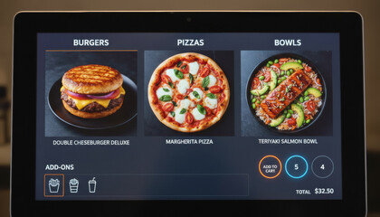 Digital menu displayed on a sleek tablet showing three appealing main dishes: a double cheeseburger, a classic Margherita pizza, and a Teriyaki salmon bowl with rice and avocado