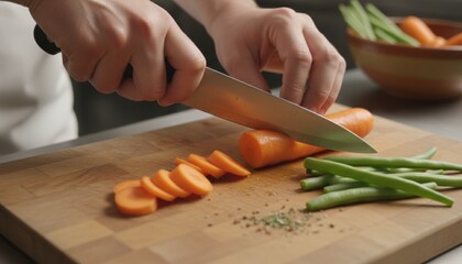 Obraz premium Close up view of hands using a sharp chef knife to slice fresh orange carrots on a wooden cutting board with green beans nearby