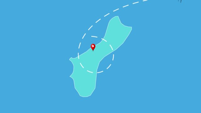 Guam,  Hagatna Map with Location Pin and Airplane Travel Route Animation