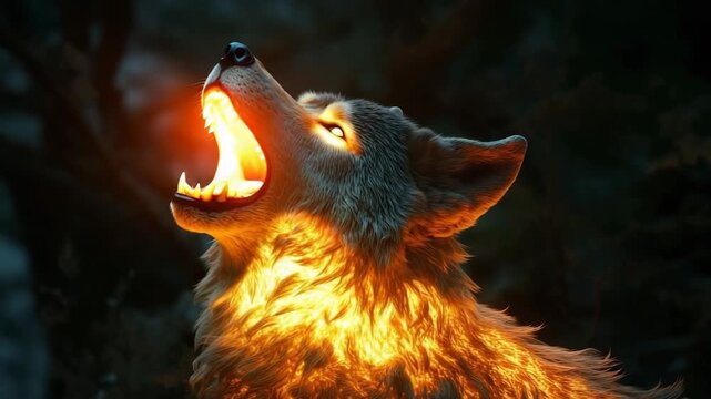 Massive glowing wolf howling into the night under a starry sky, surrounded by trees and foliage
